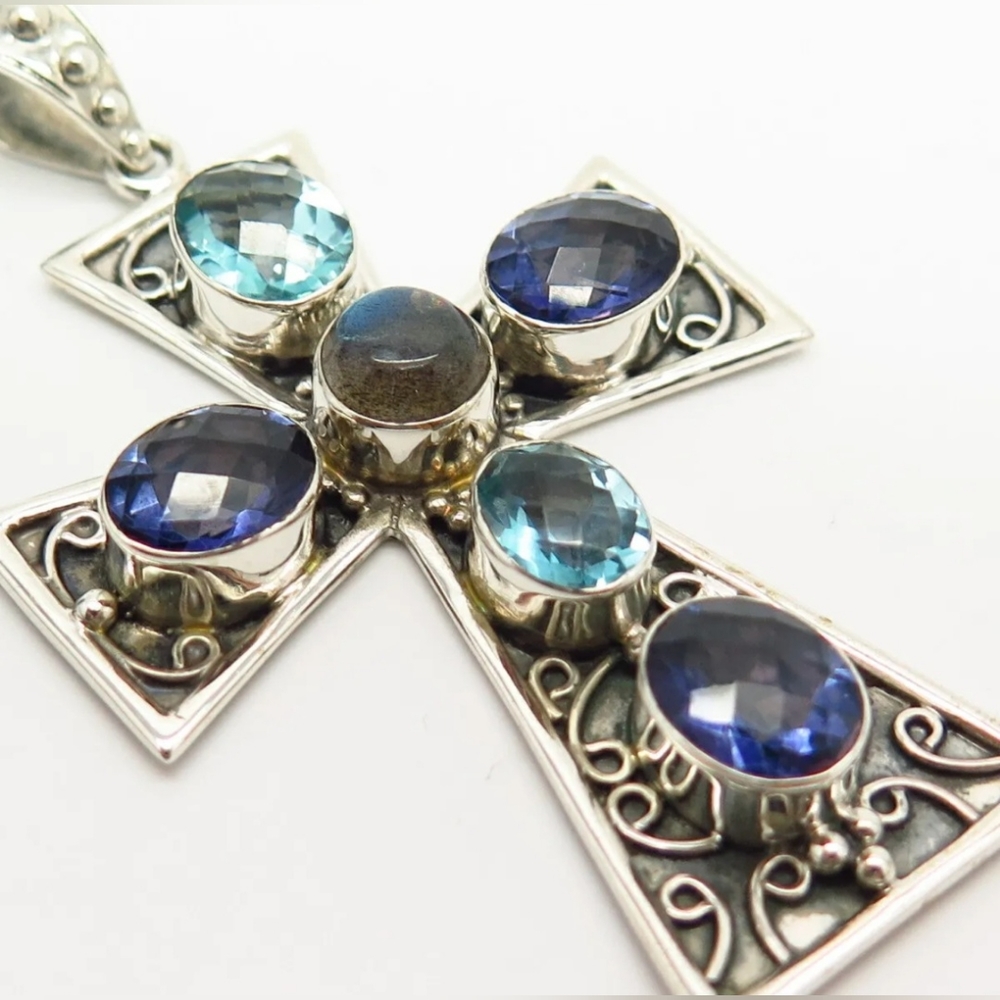 NICKY BUTLER Sterling 2-3/4" Labradorite Multi Quartz Gem Cross Necklace Pendant